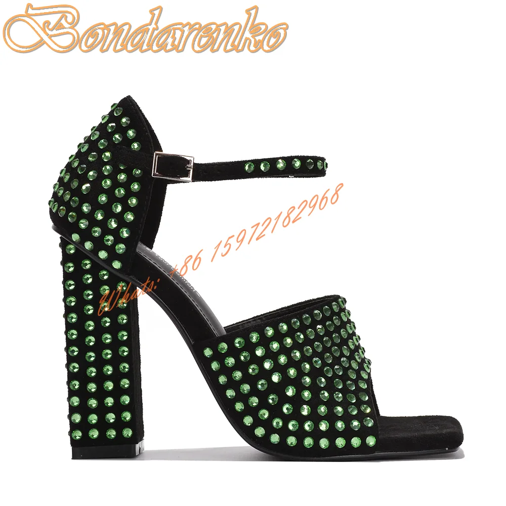 Crystal Square Toe Bling Sandals Chunky High Heels Buckles Straps Stud Sandals Summer Party Women Shoes New Style Fashion Solid