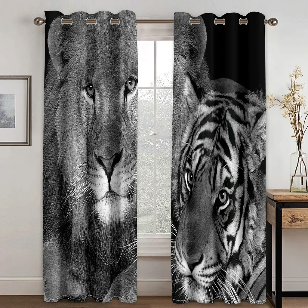 3D Digital Print Cheap Custom Animal Lion Tiger Two Thin Window Curtains for Living Room Bedroom Decor 2 Pieces Free Shipping