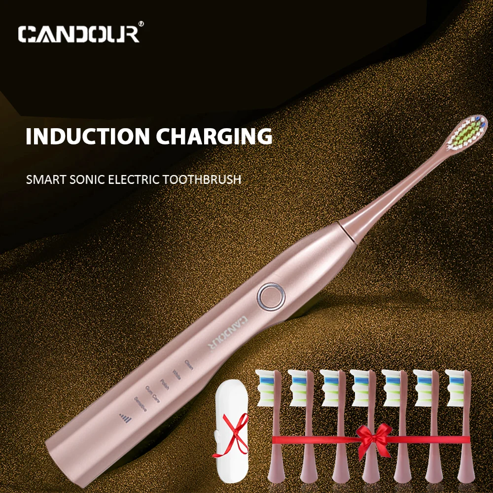 CANDOUR CD-5168 Sonic Electric Toothbrush Rechargeable Toothbrush IPX8 Waterproof 15 Mode USB Charger Replacement Heads Set