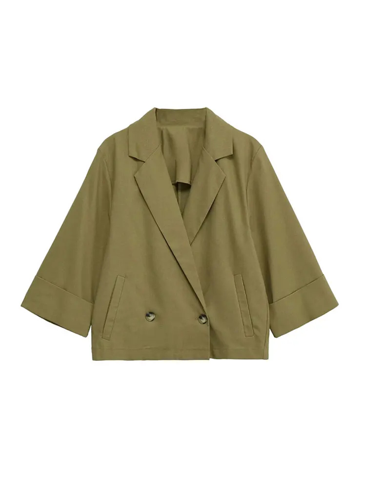 سترة نسائية فضفاضة مزدوجة الصدر من الكتان بأكمام قصيرة وجيوب ملابس خارجية أنيقة للنساء #1