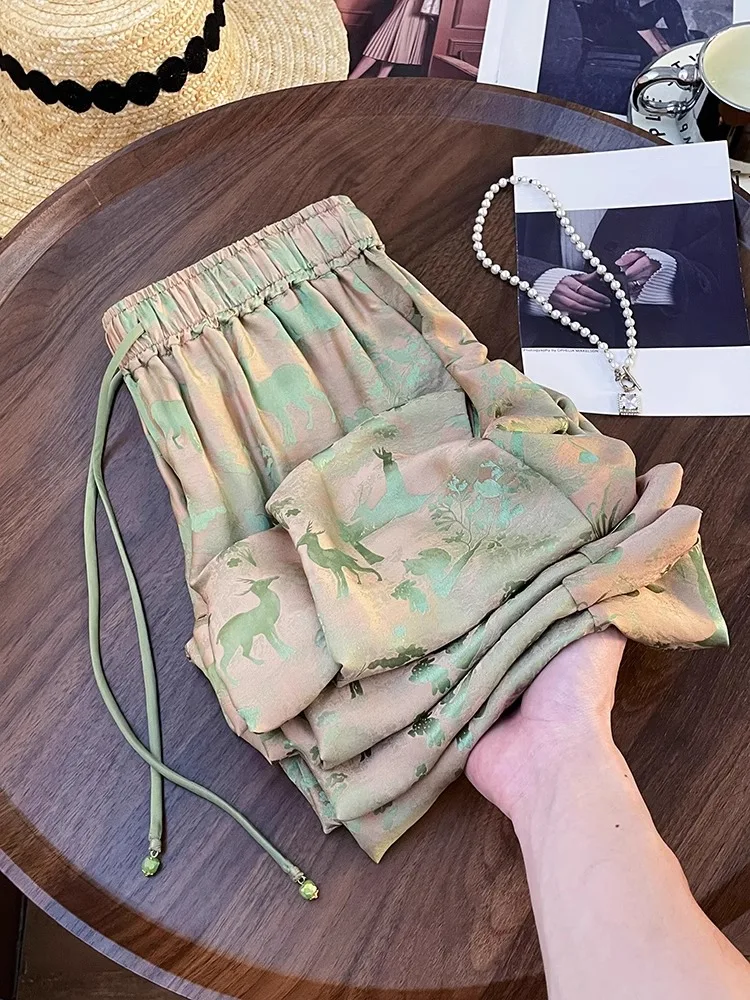 

Vintage Wide Leg Pants Women Loose Slimming Casual Straight Cut Ice Silk Lightweight Drapey High Waist Polyester Fiber