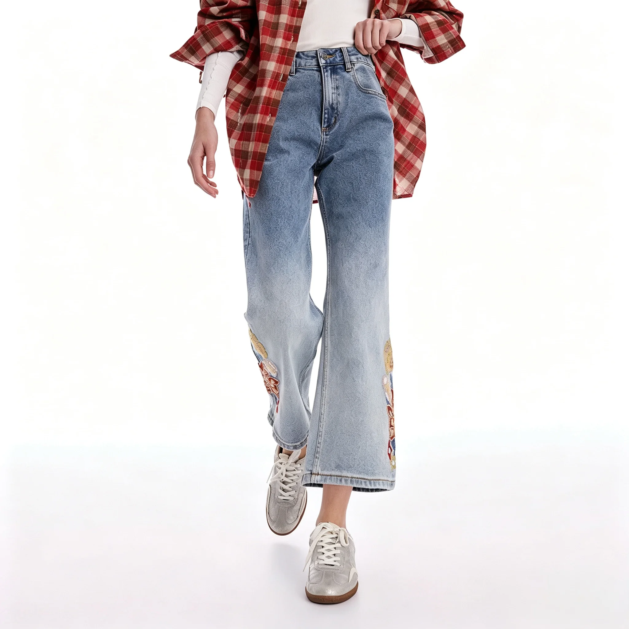 2026 European and American Original Spanish Denim Women's Patchwork Print Embroidered Straight Leg Pants