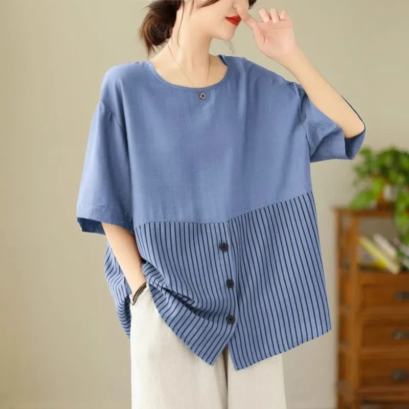 Korean fashion Summer New Women\'s O-Neck Striped Button Patchwork Simplicity Casual Versatile  short Sleeve Loose shirt Tops