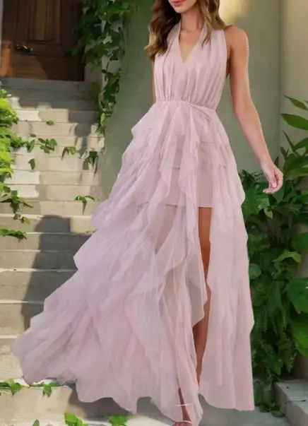 

2025 Fashion Summer Latest Sexy V-Neck Lace-Up Irregular Mesh Skirt Women's Dress New Style Banquet Party Slit Dress Long Dress