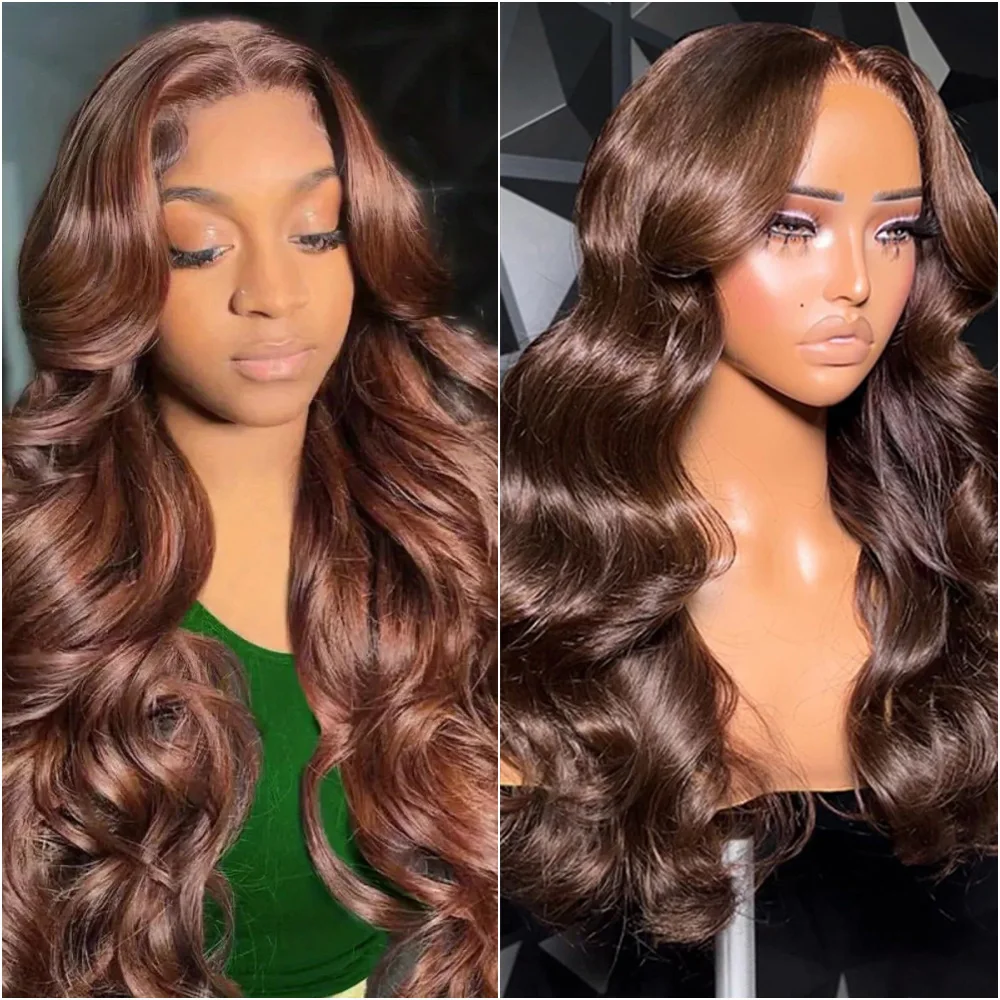 

Парик из шоколадно-коричневого цвета с HD-кружевом 13x6, волнистая текстура # 4 цветных парика из натуральных волос с кружевной передней частью 13x4, предварительно выщипанные, для женщин, 30-40 дюймов