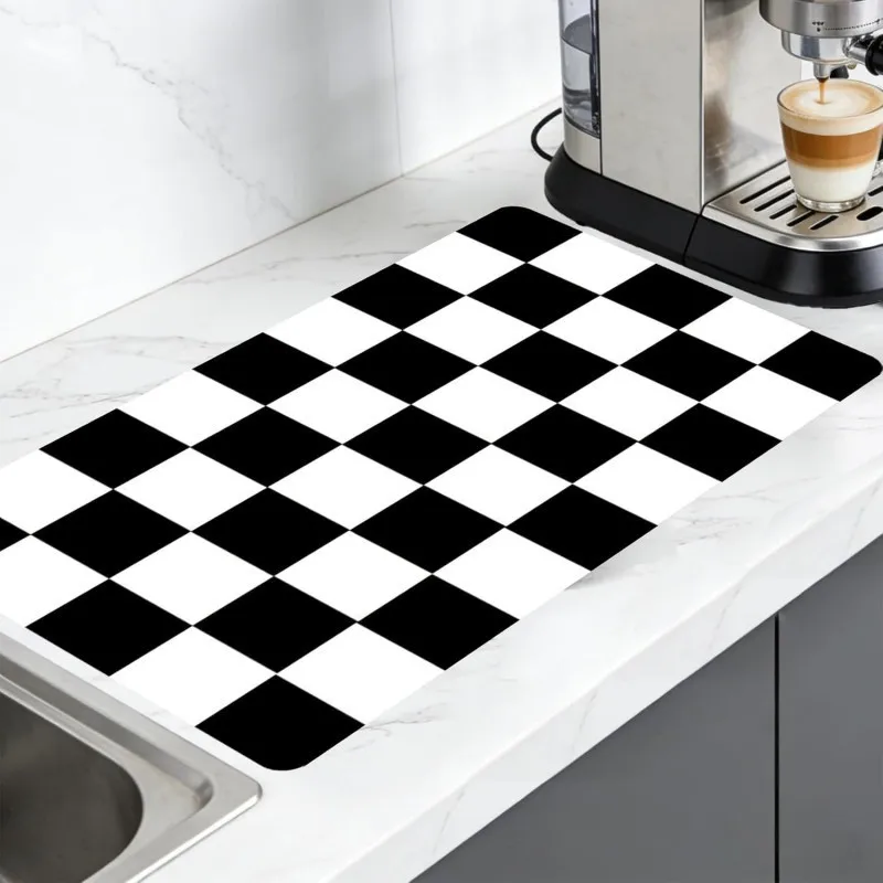 Black and White Damask Dish Drying Mat Modern Baroque Kitchen Counter Mat Aesthetic Scroll Coffee Bar Pad Absorbent