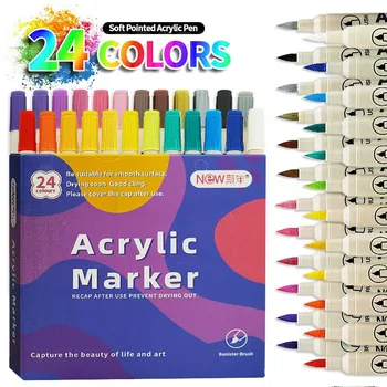 12-48 Colors Acrylic Paint Markers Soft Brush Nib Art Markers for Rocks Tiles Glass Ceramics Pens Painting DIY Art Supplies