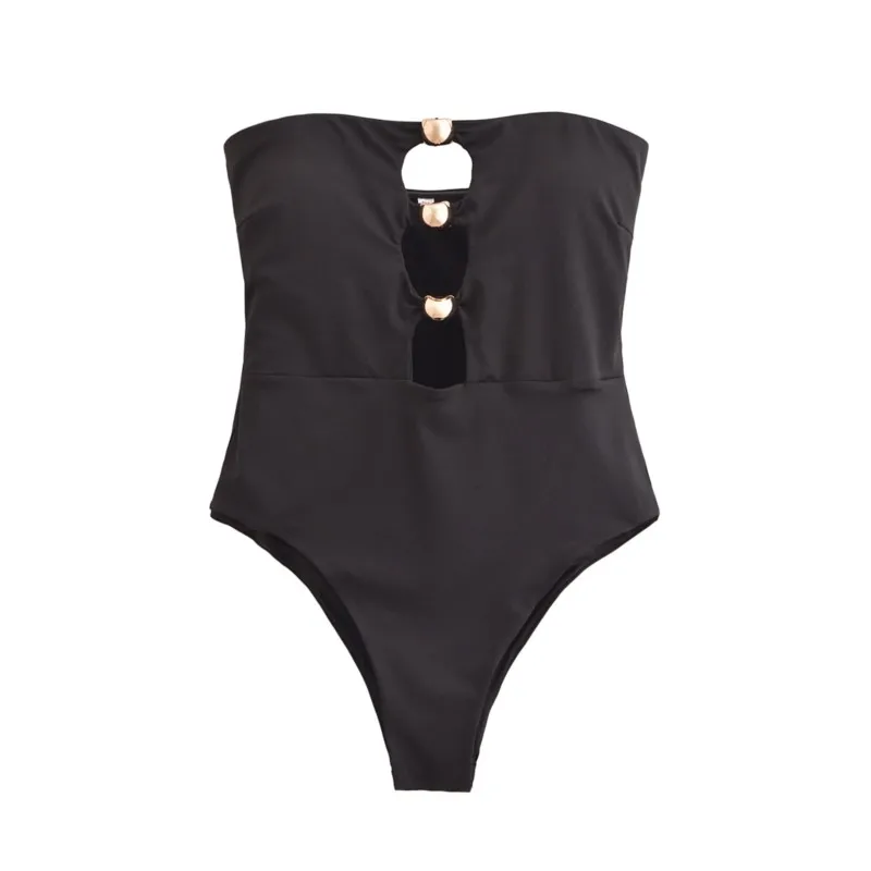 

HipSeam Bikini Wrapped Swimsuit Women Summer Sexy Slim One Line Chest Hollowing Out Gold Button Backless Female Top