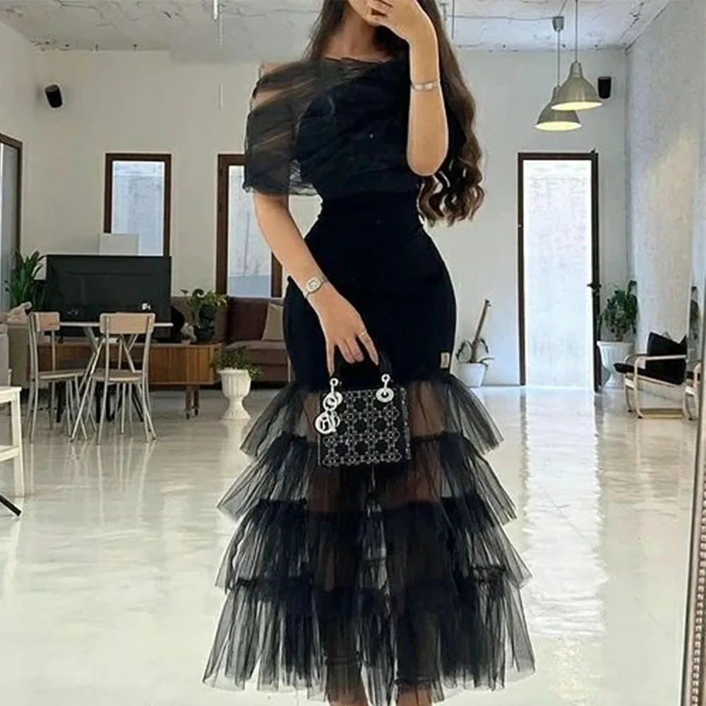 

Patchwork Jersey Off The Shoulder Mermaid Prom Gowns Illusion Backless Draped Long Length Women Evening Party Dresses