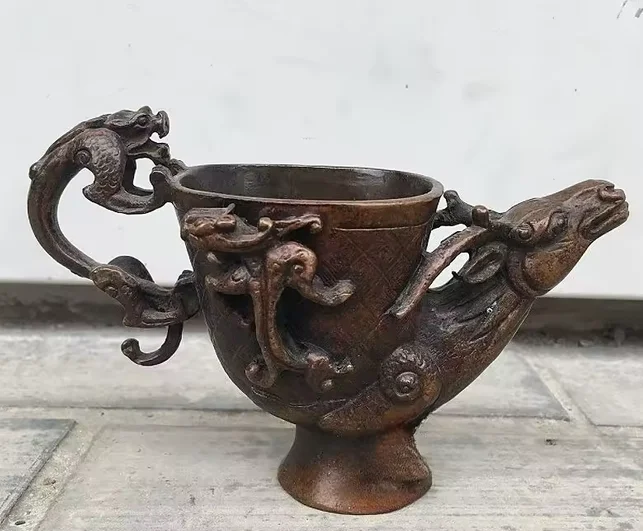 Antique Han Dynasty Bronze Sheep-Headed Dragon-Beast Wine Cup Retro Home Decor Tabletop Ornament