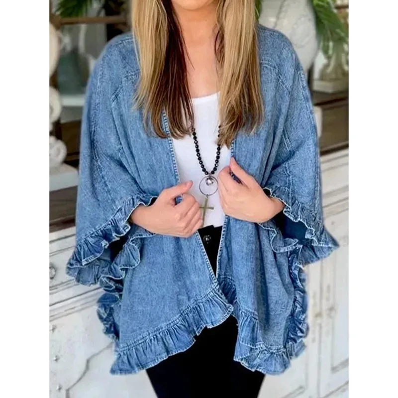 Women Plus Size Denim Jacket Splicing Pocket Ruffle 3/4 Sleeves Loose Irregular Hem Washed Summer Vintage Female Cardigans