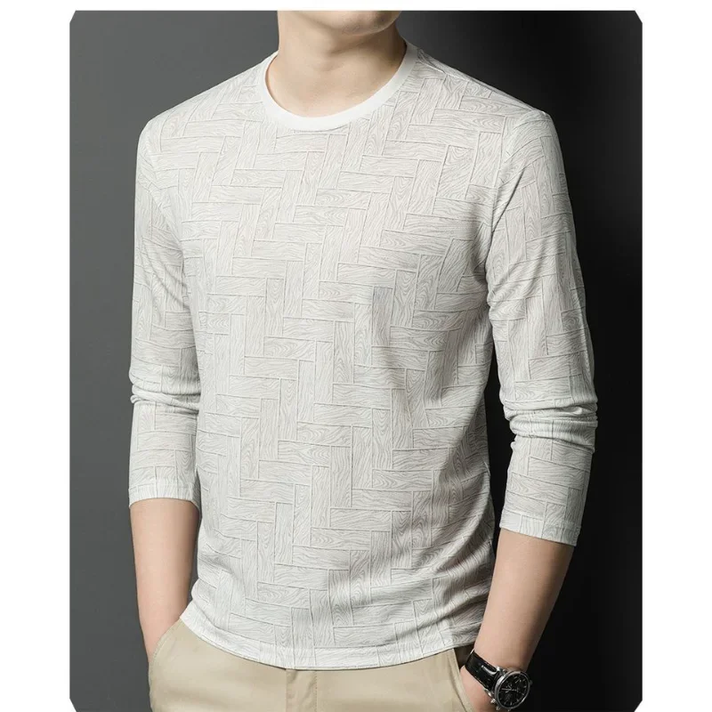 

Мужская приталенная футболка с длинным рукавом, повседневный шелковый весенне-осенний модный топ для среднего возраста JJ910
