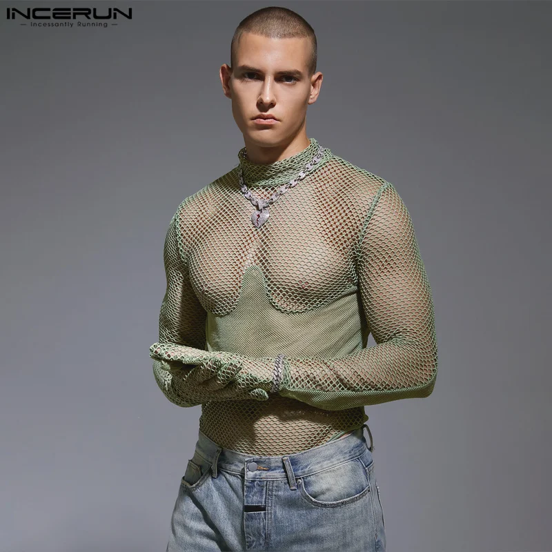 

INCERUN 2023 Men's Bodysuits Mesh Patchwork Transparent Turtleneck Long Sleeve Male Rompers Sexy Skinny Fashion Bodysuit S-3XL