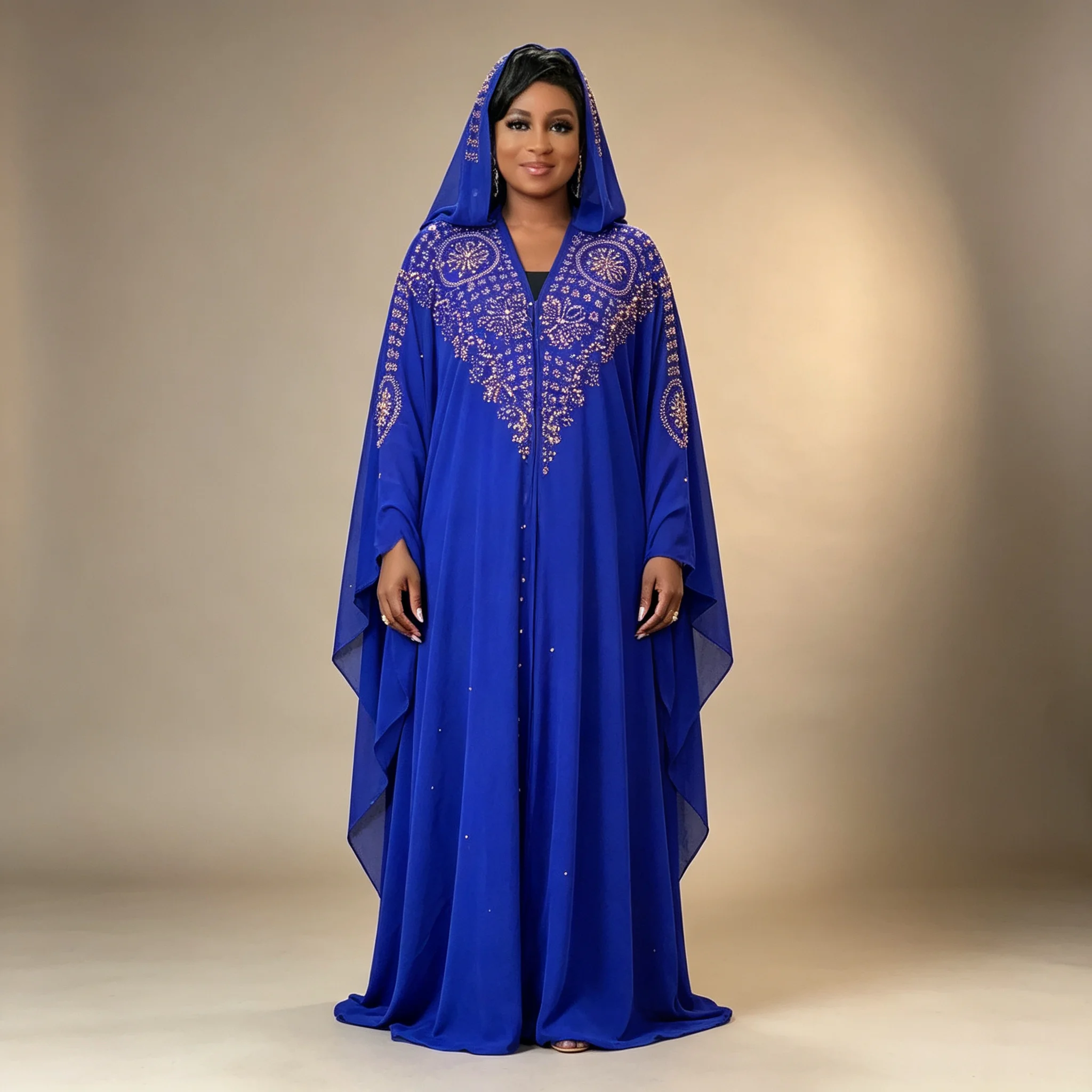 African-style Women's Hooded Caftan Luxurious Golden Rhinestone Chiffon Cover-up Long Dress Wedding Party Evening Dress