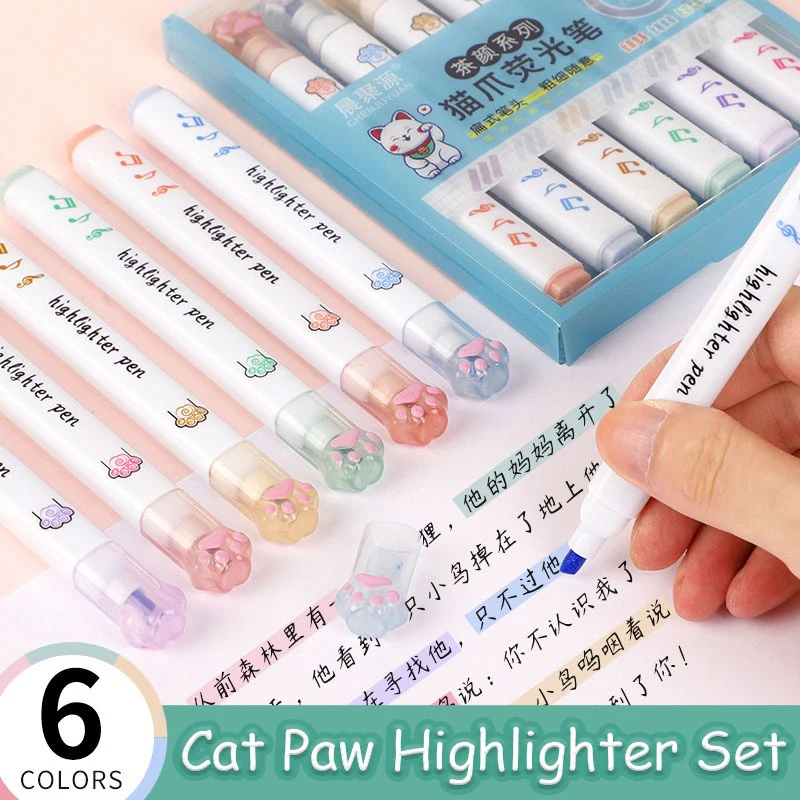 

6 Pieces Set Kawaii Cat Paw Highlighter 6 Colors Slanted Tip Markers Liquid Ink for Student School Stationery Office Supplies