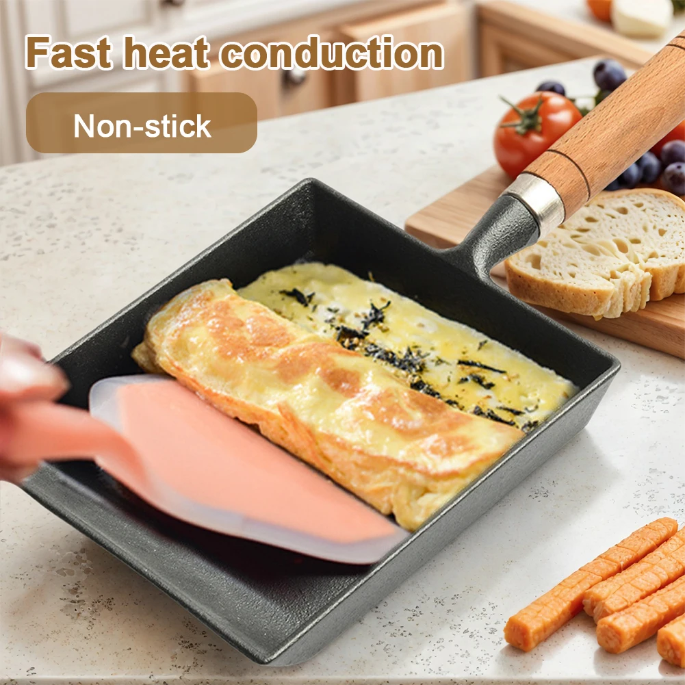 

Cast Iron Egg Pan Wood Handle Tamagoyaki Pan with Oil Brush and Shovel Japanese Egg Omelette Pan for All Kinds of Oven