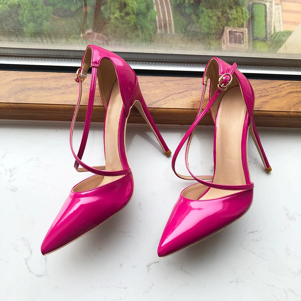 Tikicup Instep Cross Strap Women Fusion Pink Pointy Toe High Heel Summer Shoes Rose Pink Patent Stiletto Pumps Plus Size 33-45