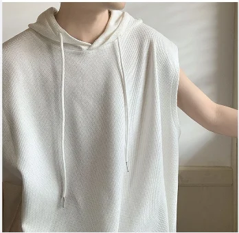 Men Summer sleeveless tops Hooded T Shirt Waffle Design Sense Sleeveless T-shirt Streetwear Casual Solid Loose Hooded Tank