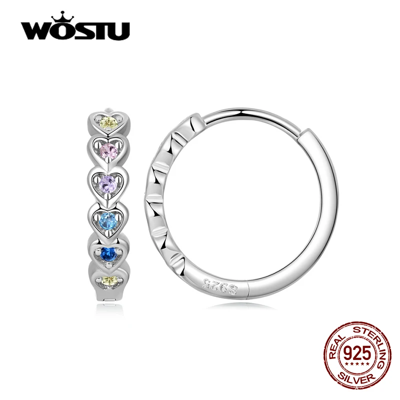 WOSTU 100% Real 925 Sterling Silver Simple Rainbow Heart Earrings Colorful Zircon Hoop Earrings For Women Fine Wedding Jewelry