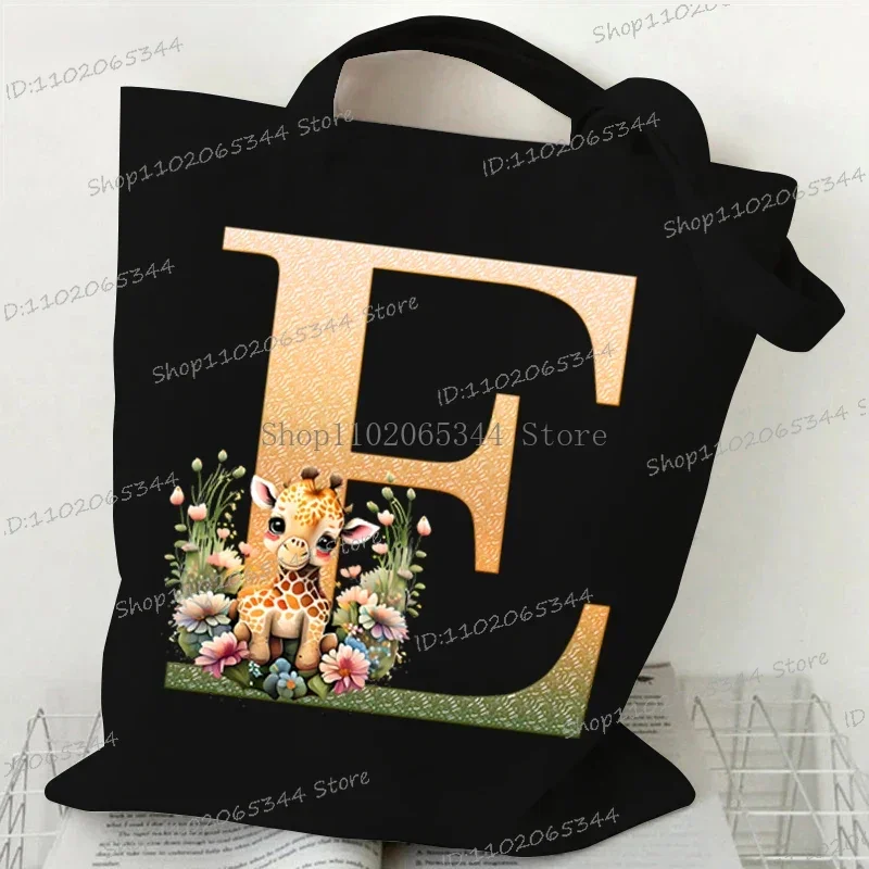 26 Giraffe Floral Alphabet Shoulder Bag Women High-capacity Shopping Bags Teen Cartoon Animal Letter A-Z Graphics Canvas Handbag