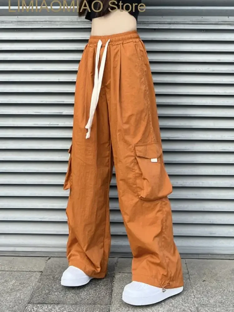 Laranja hiphop calças de carga mulheres bolsos streetwear calças vintage feminino cintura alta calças moda coreana verão