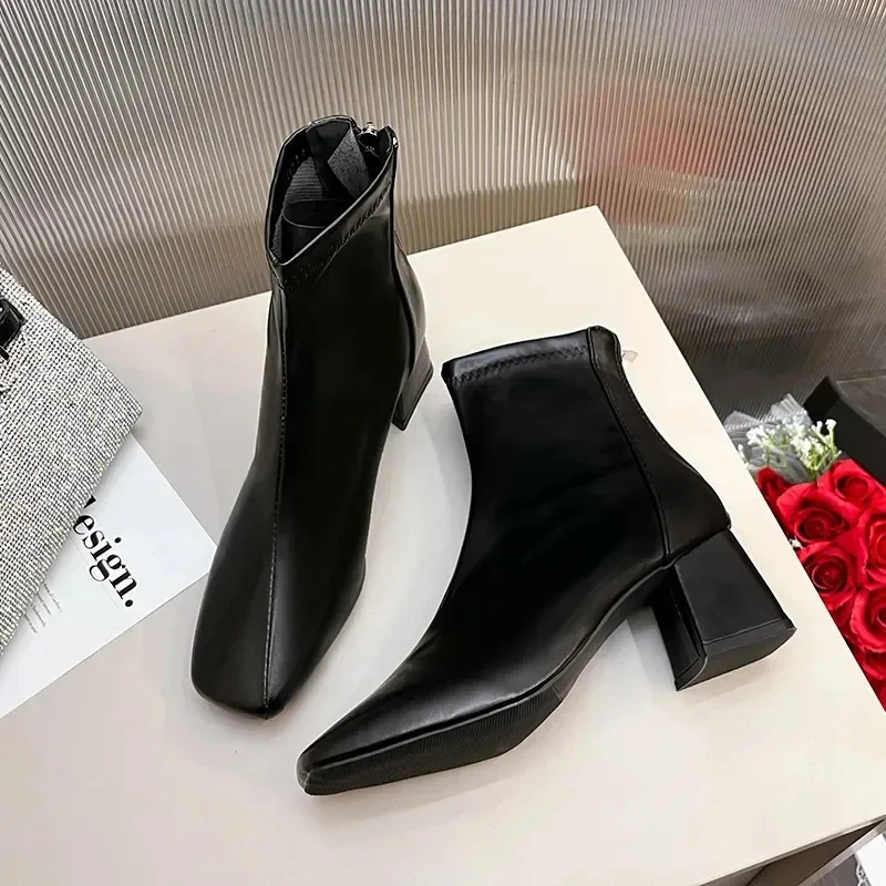 Classic New Autumn Women Ankle Boots Fashion Female Mid Thick Heels Elegant Lady White Black Apricot Square Toe Zip Shoes Matte