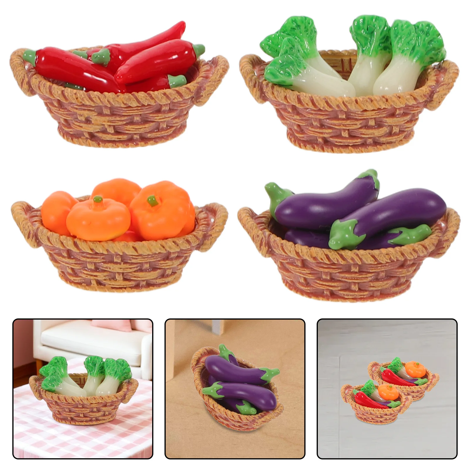 

4pcs Dollhouse Basket Miniature Food Realistic Mini Vegetables Statue Play Kitchen Scene Set For Kids Pretend Play