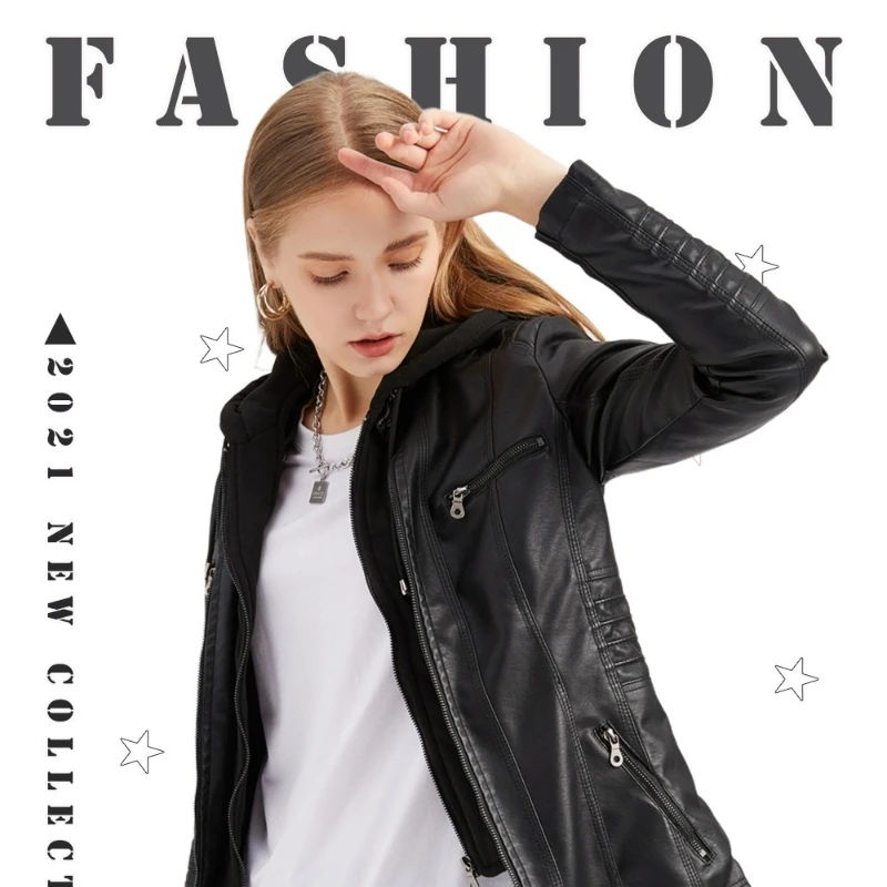 

Women's Hooded Leather Jacket Two-piece Set Detachable PU Washed Leather Fashionable Coat for Spring and Autumn
