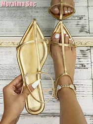 Pointed Toe T-strap Flat With Sandals Ankle Buckle Strap Golden Solid Sexy Women Shoes Summer Beach Roman Style Concise Fashion