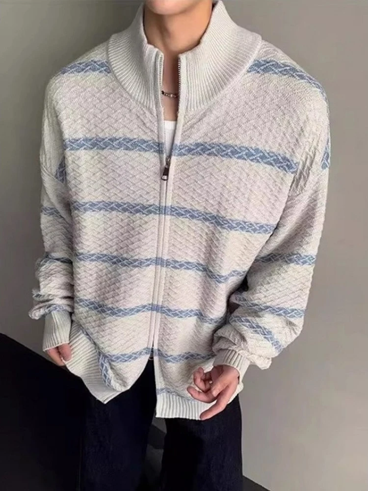 

Мужской вязаный кардиган свободного кроя с отложным воротником, в полоску, с цветными блоками, длинными рукавами, теплый, повседневный, белый