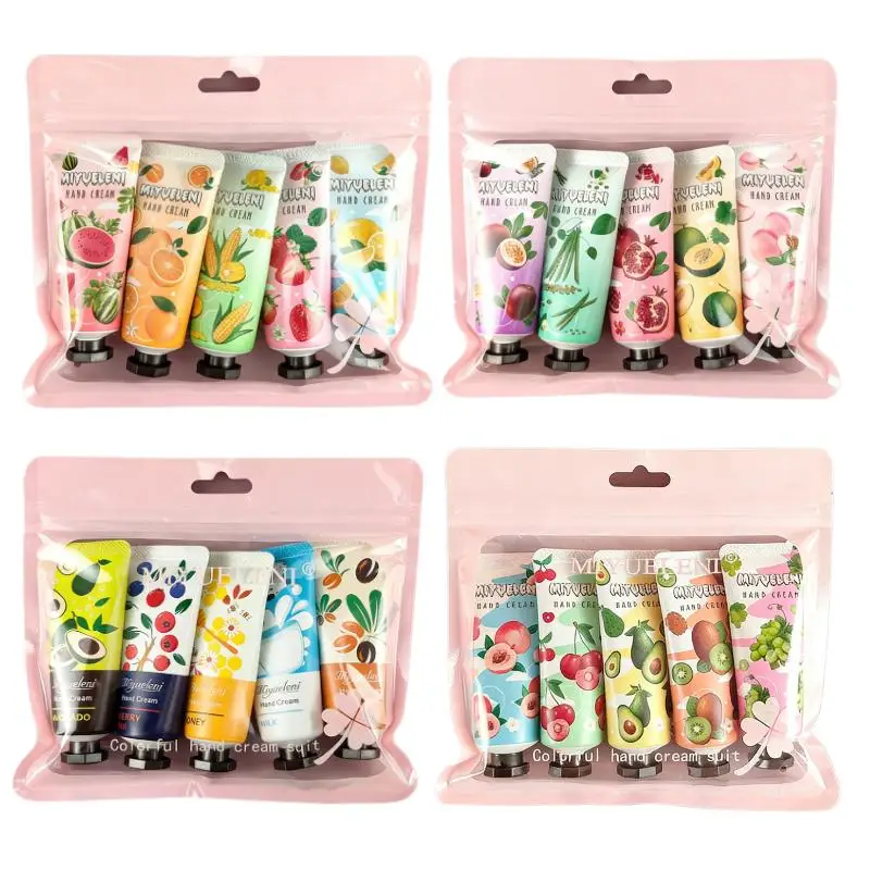 Fruit Plant Hand Cream Set 20g*5/Pack Moisturizing Nourishing Hand Lotion for Dry Cracked Hands Travel Size Hand Care Gift Set