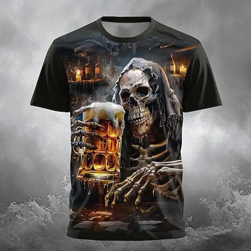 Skull Oktoberfest Beer Designer Gothic Men\'s 3D Print T shirt Party Street Casual Short Sleeve Crew Neck Summer Spring Clothing