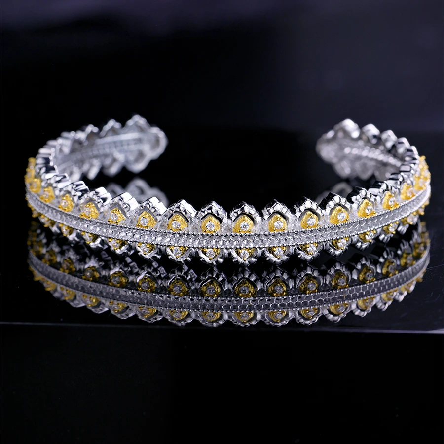 2024 New Style Sterling Silver 925 Jewelry Italy Vintage Hollowed Out Lace Gold Plated Cuff Bangle For Women