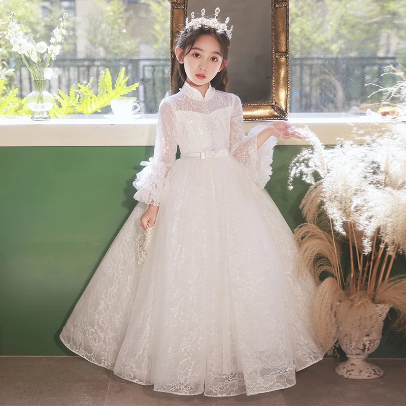 Kids Dresses For birthday Party Wedding costume Lace white pearl Beading Long sleeved Children Pageant Gown Girls Princess Dress