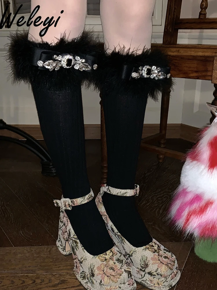 Cute Christmas and New Year White Socks for Women Universal Fashion in All Seasons New Full Diamond Fluffy Bow Mid Tube Socks