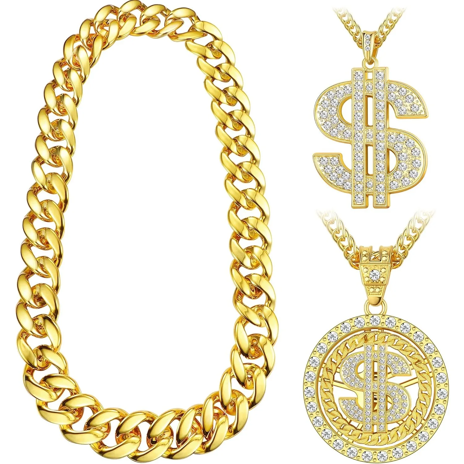 

Bobisty 3Pcs Gold-Plated Chain Pendant Necklace for Men Hip Hop Halloween Jewelry Dollar Necklace Fake Gold-plated Money Chain