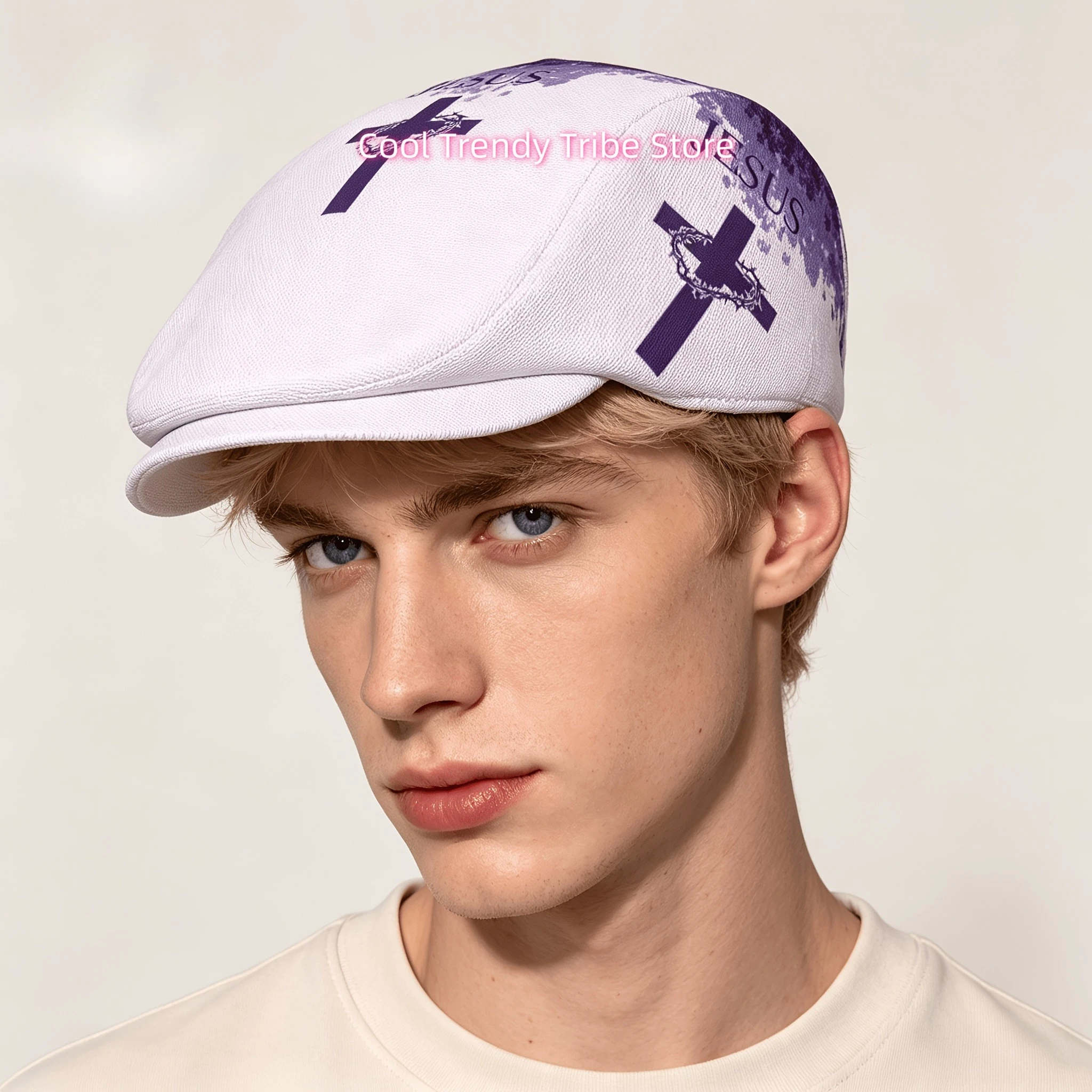 Purple Cross Crown All-Over Print Flat-Top Hats for Men And Women, Newsboy Caps, Berets, Irish Hats, Driver Caps, Retro Hats, Pa