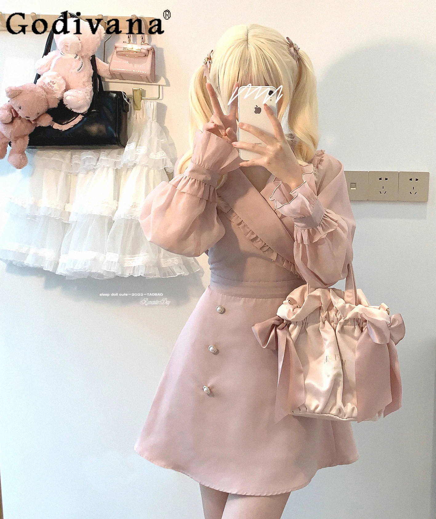 

Japanese Style Mine Sweet Pink Short Dress Women's Slim Elegant V-neck Chiffon Pearl Buckle Long Sleeve Dress Spring and Summer