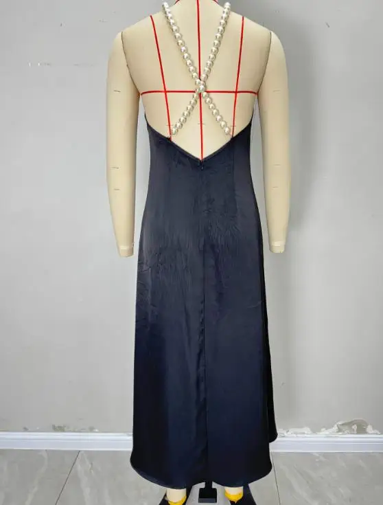 Women's Summer Dress with Neck Hanging Pearl Chain Temperament Backless Satin Dress Gorgeous Socialite Elegant Dress
