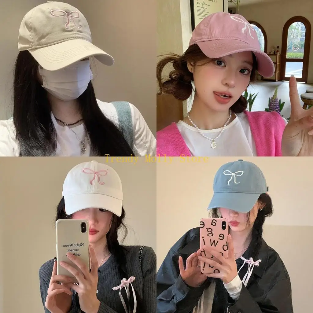 

N5KB Бейсбольная кепка с вышивкой и бантом Подростковая шляпа для девочек Весенняя прогулка по магазинам Шляпа от солнца