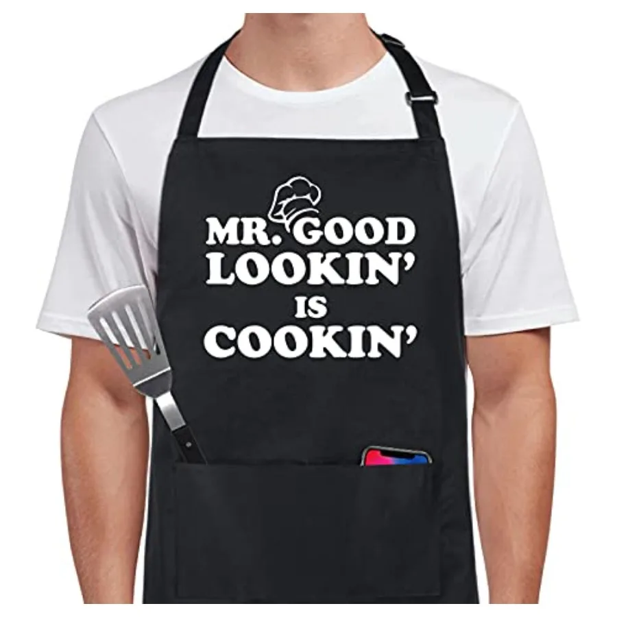 

Xornis 100 Cotton Funny Apron with 2 Pockets for Men n BBQ Grilling Adjustable Bib Black Aprons Gifts Cooking Kitchen
