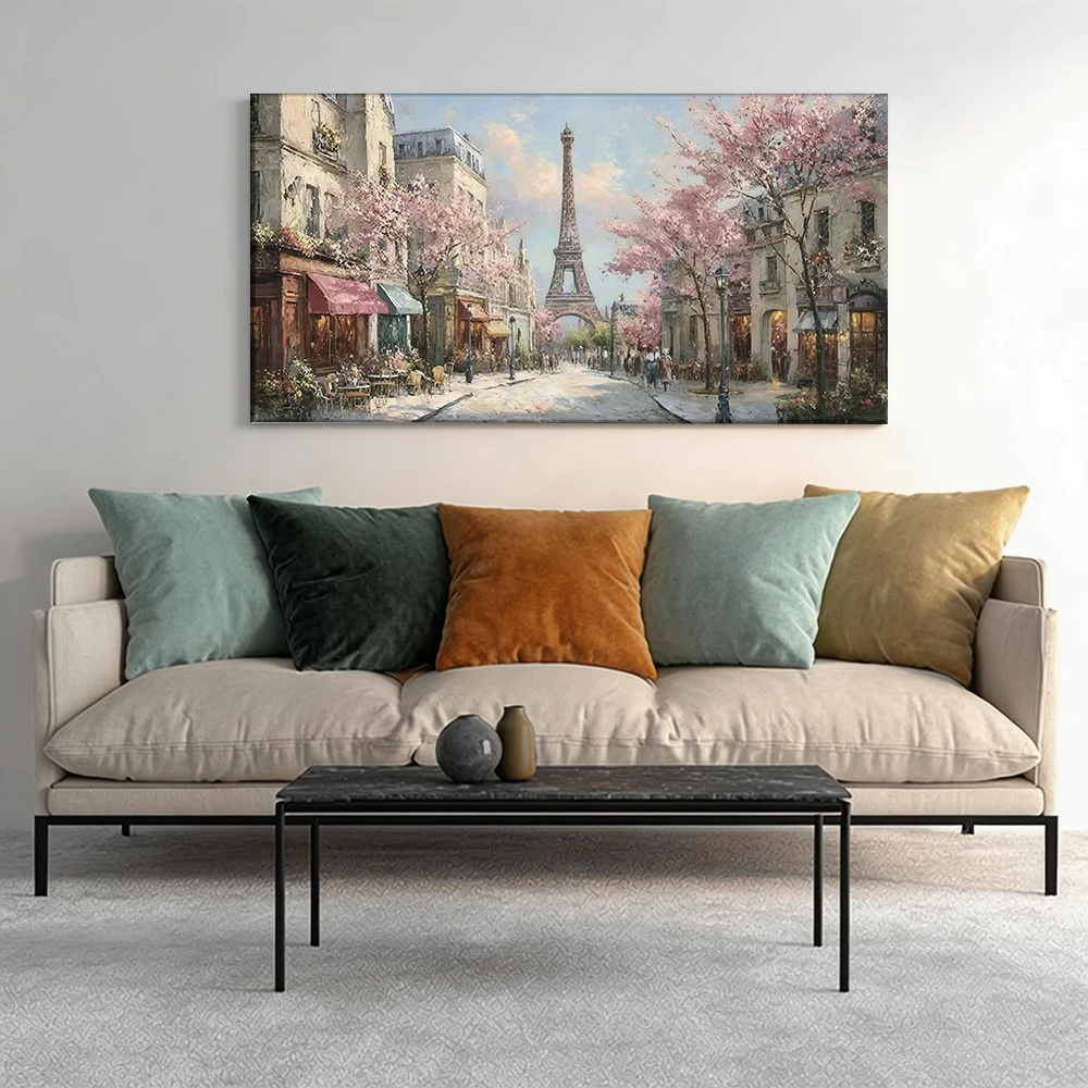 

1pcwooden frame canvas decorative painting Parisian street, cherryCorridor decorationblossoms, Eiffel.Corridor decoration