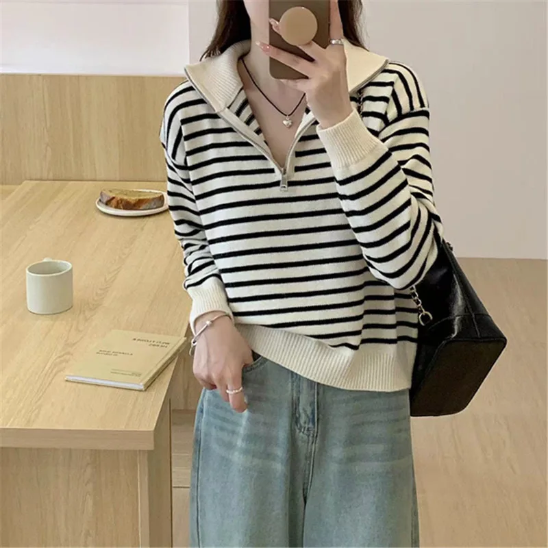 

Women Sweaters Striped Knit Lapel Jumpers Long Sleeve Casual Thick Streetwear Pullovers Half Zipper Sweater Spliced Autumn
