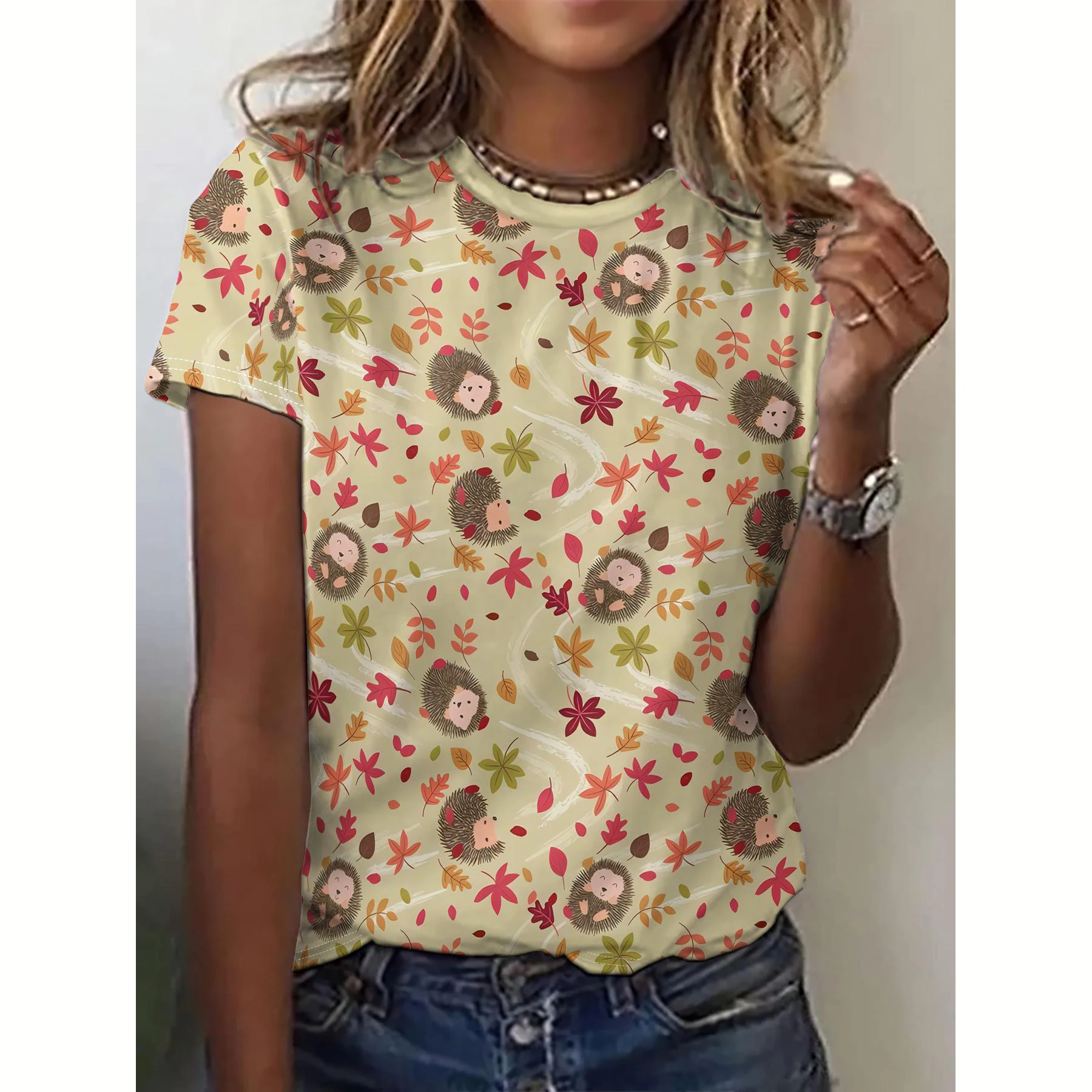 Summer Women's T Shirt Animal Hedgehog Print Casual O-Neck Short Sleeve Pullover Daily Outdoor Female T-Shirt Overszied Clothing