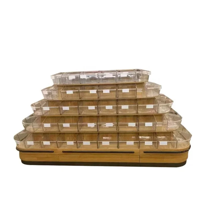 custom.Custom Round Island Loose Food Display Cabinet Supermarket Bulk Snack Shelf Biscuit and Candy Display Custom Display