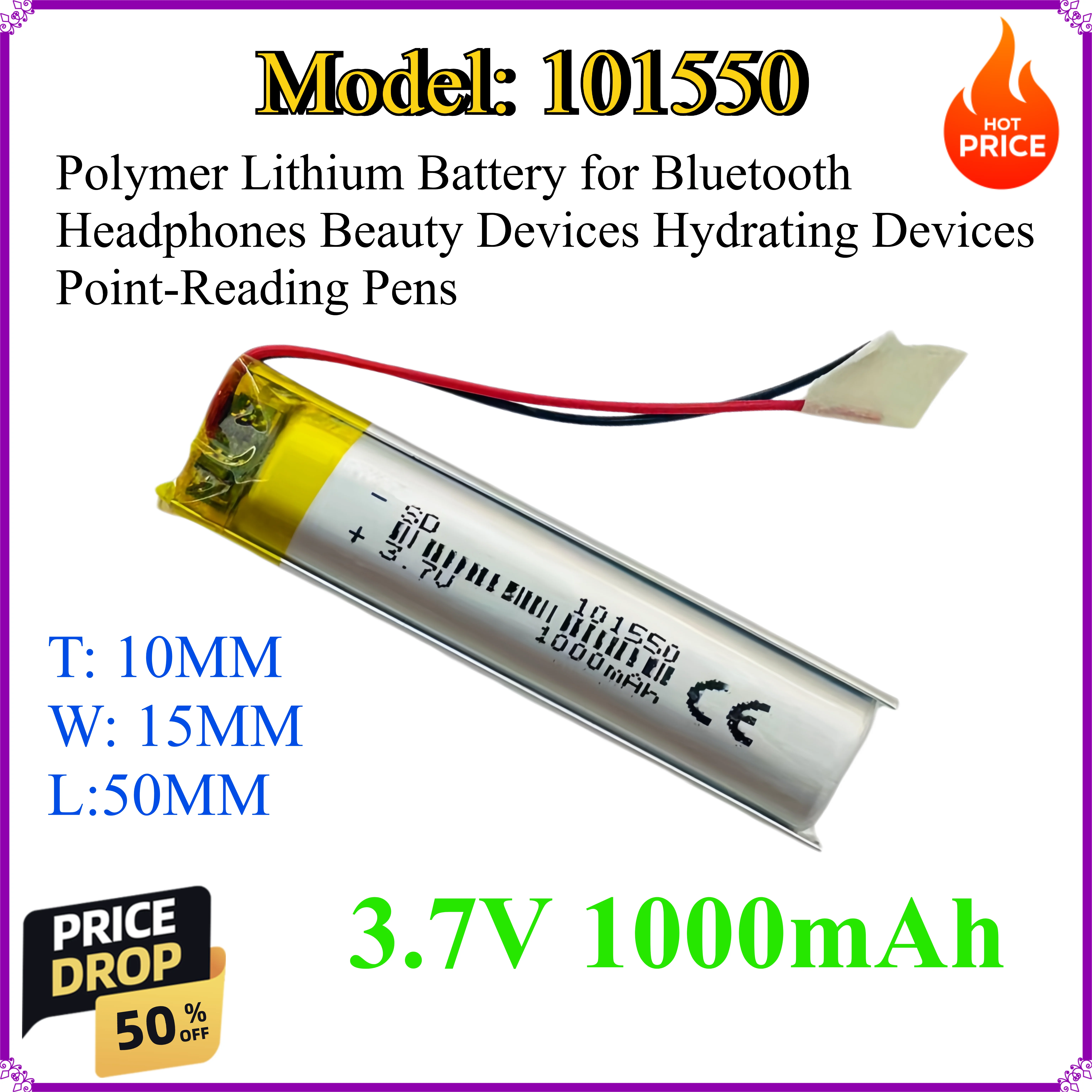 

101550 3.7V 1000mAh Polymer Lithium Battery for Bluetooth Headphones Beauty Devices Hydrating Devices Point-Reading Pens