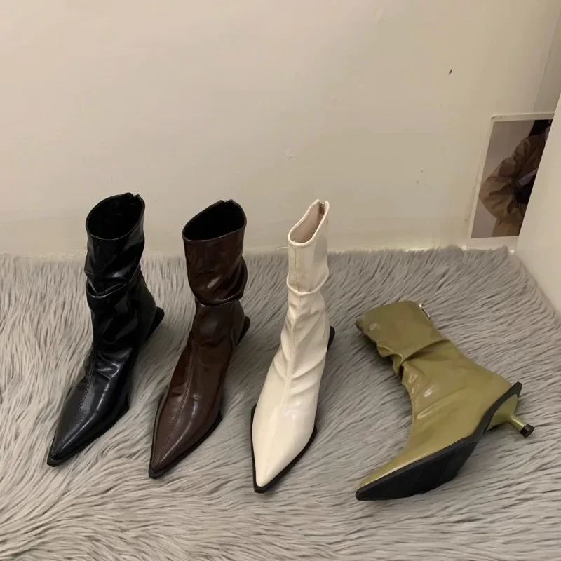 Modne buty damskie ze szpiczastym noskiem botki damskie Botas buty na niskim obcasie 2024 wiosenne jesienne Zapatos Mujer