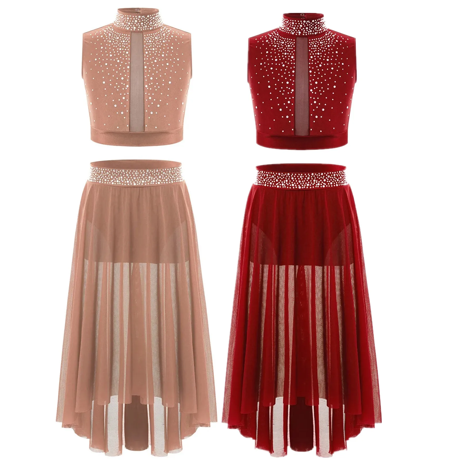 Tenue de danse lyrique moderne pour enfants filles, strass brillants, haut court sans manches avec jupe justaucorps pour patinage, gymnastique, acrobatie