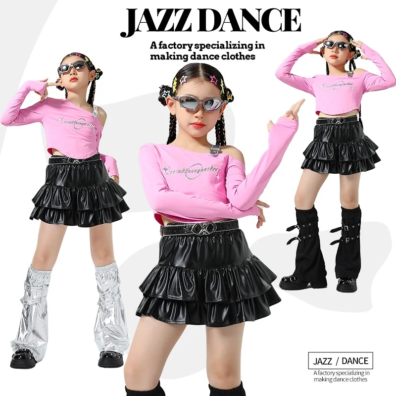 

2025 Girl'S Jazz Dance Performance Costume Pink Crop Top Black Skirts Suit Children Street Dance Model Runway Show Wear DQS18952