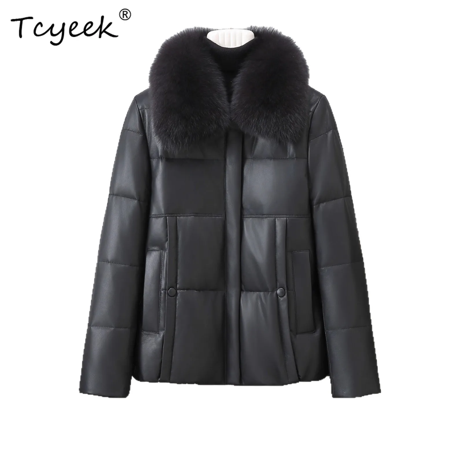 Tcyeek سترة جلدية أصلية للنساء ملابس الشتاء 2025 معطف من جلد الغنم الحقيقي امرأة دافئة أوزة أسفل معاطف الثعلب الفراء طوق